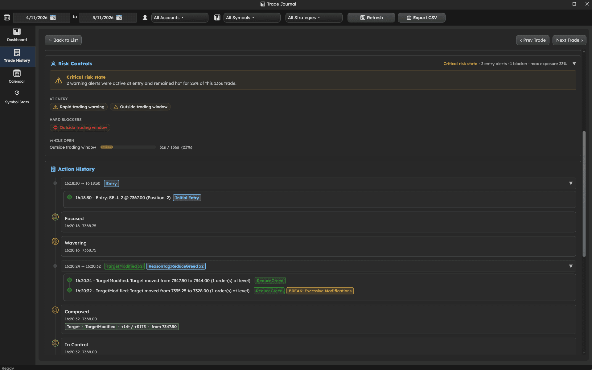 Trade detail view with screenshots, scoring, and action history