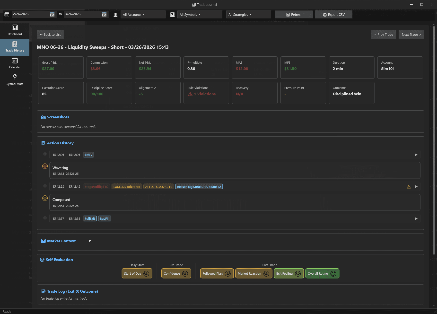 Trade detail view with screenshots, scoring, and action history